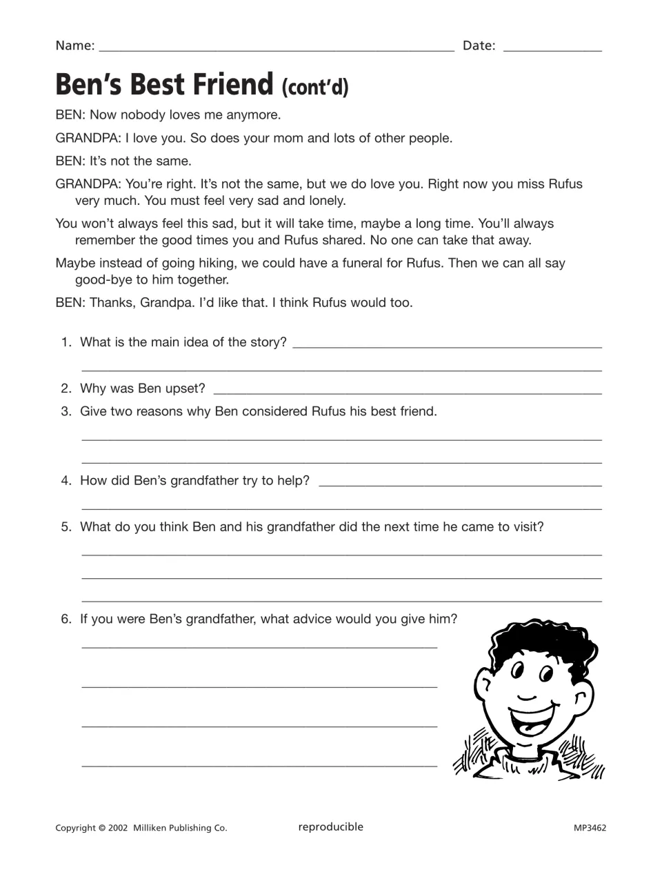 Ben’s Best Friend concludes with Grandpa suggesting a funeral for Rufus, followed by six reading questions