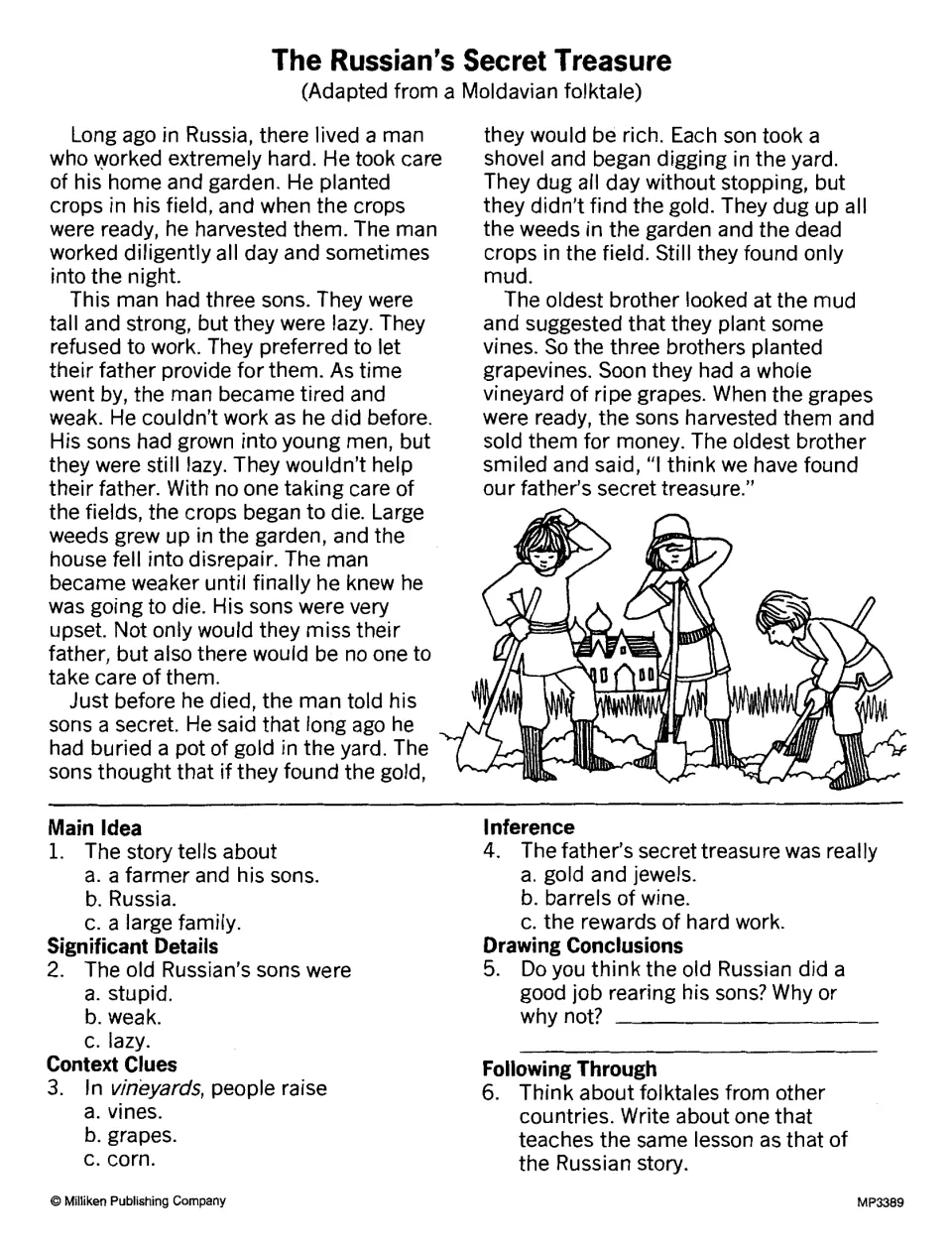 The Russian’s Secret Treasure reading activity: three sons discover the rewards of hard work; six questions