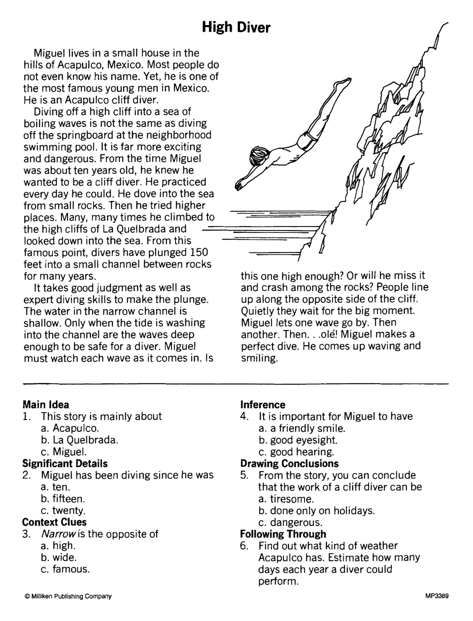 High Diver reading activity: Miguel practices cliff diving in Acapulco and times his dive; six questions