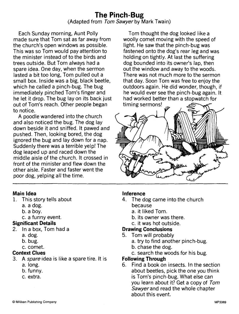 The Pinch-Bug reading activity: Tom’s beetle pinches a dog and disrupts a church sermon; six questions