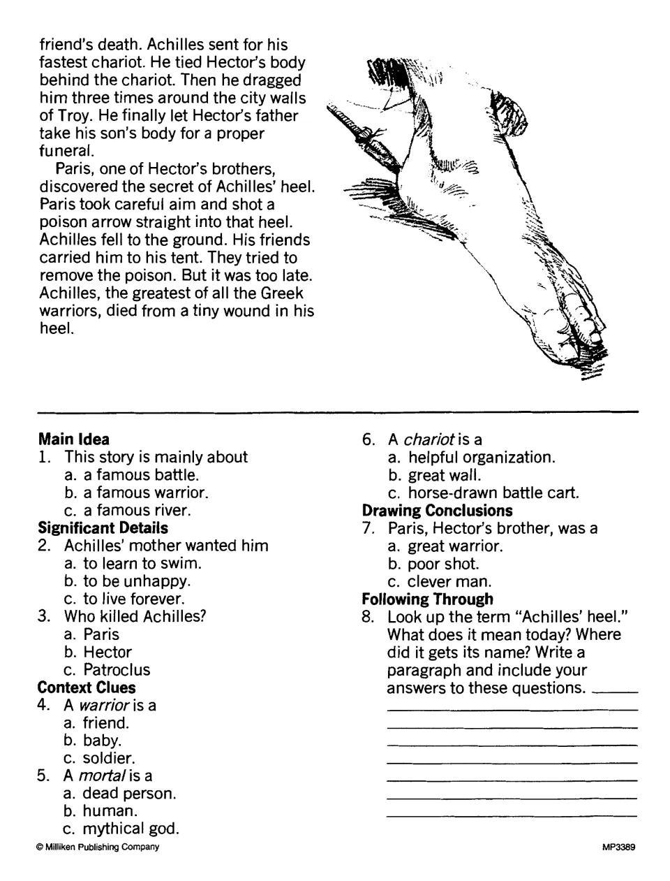 Achilles passage conclusion: Paris shoots his vulnerable heel; eight questions include vocabulary and theme