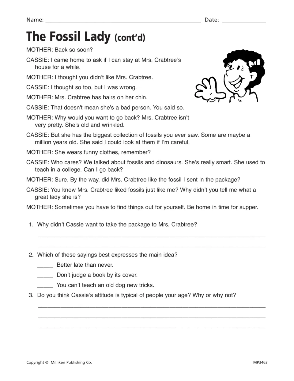 The Fossil Lady play conclusion: Cassie discovers Mrs. Crabtree’s fossil collection; three response questions