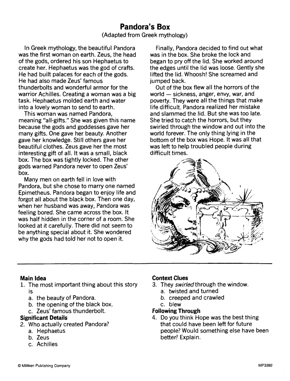 Pandora's Box, a Greek myth: students read the story, then answer main idea, detail and vocabulary-in-context questions