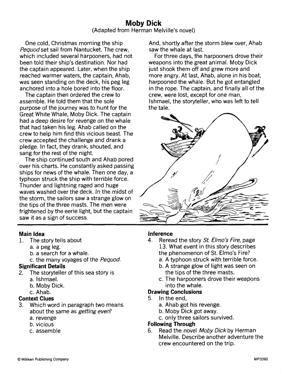 Moby Dick retelling: students read of Ahab's hunt for the whale and answer six questions, with inference and conclusions