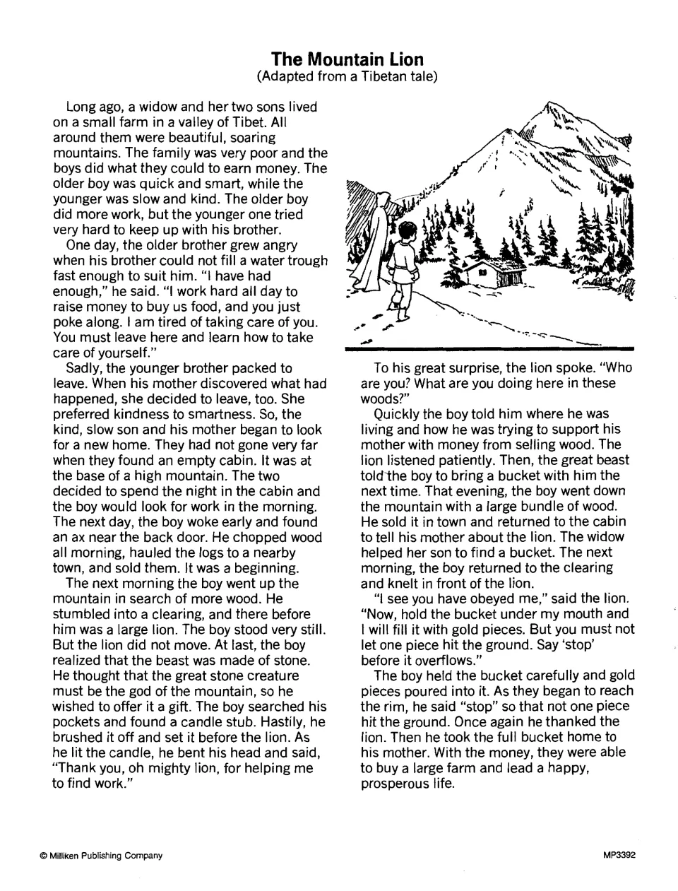 The Mountain Lion, a Tibetan tale to read: a kind son and his mother leave home and a stone lion gives him gold