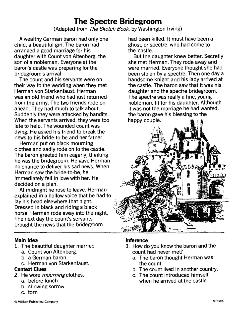 The Spectre Bridegroom, adapted from Washington Irving: students read of Herman's secret marriage and answer 3 questions
