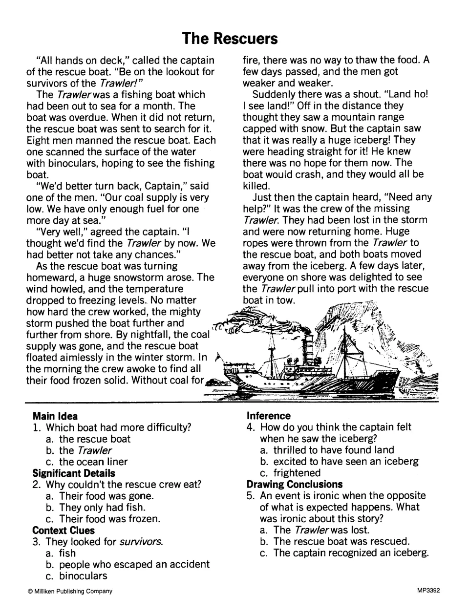 The Rescuers sea story: students read how a lost Trawler saves the rescue boat, then spot the irony and captain's feelings