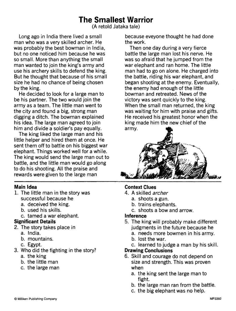 The Smallest Warrior, a Jataka tale: students read about a small archer and decide what proves skill doesn't depend on size