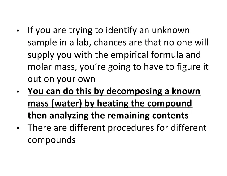 Lesson slide introduces identifying an unknown compound by heating a sample and analyzing what remains