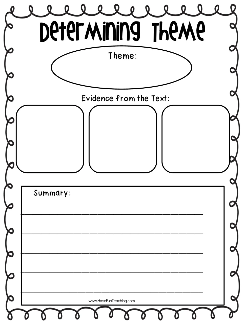 Theme response organizer asking students to state a theme, give three pieces of text evidence, and summarize