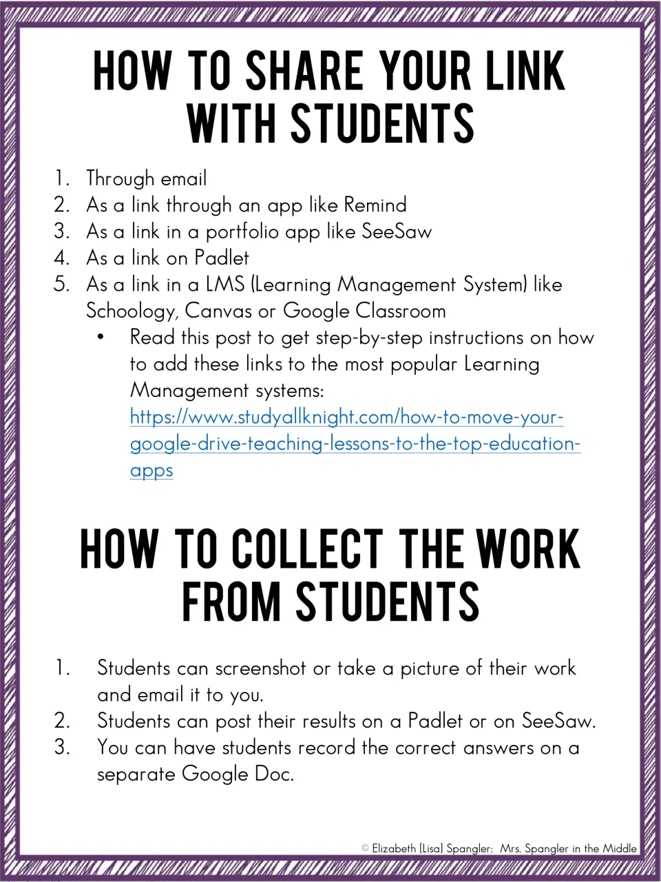 How to share your link with students by email, Remind, SeeSaw, Padlet or an LMS, and how to collect their work afterward