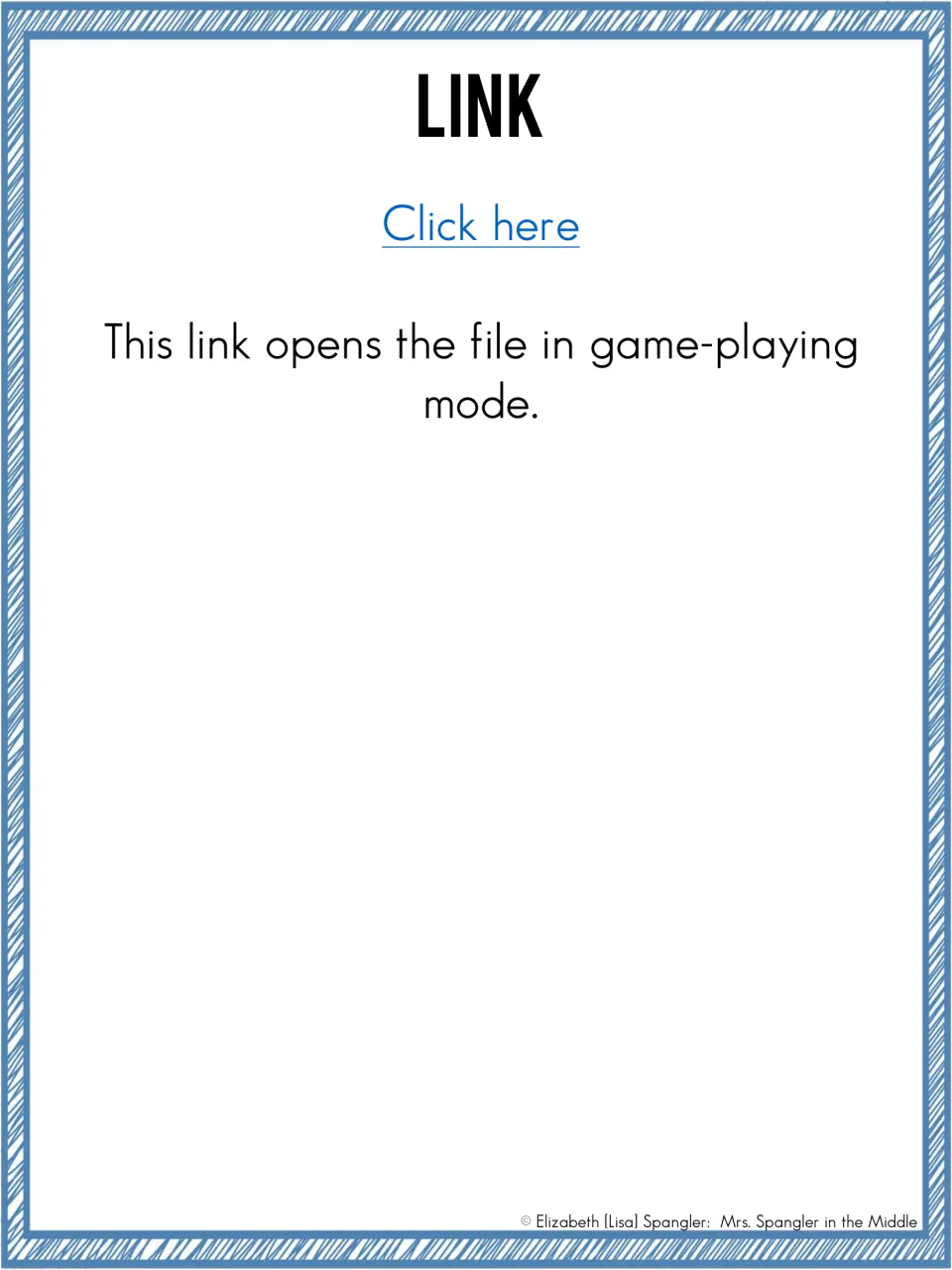 Link page: a Click here hyperlink that opens the theme game file in game-playing mode for students to play