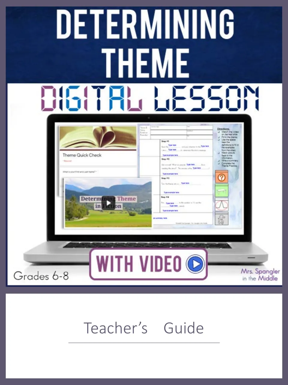 Teacher’s guide cover for Determining Theme Digital Lesson, labeled Grades 6–8 and With Video