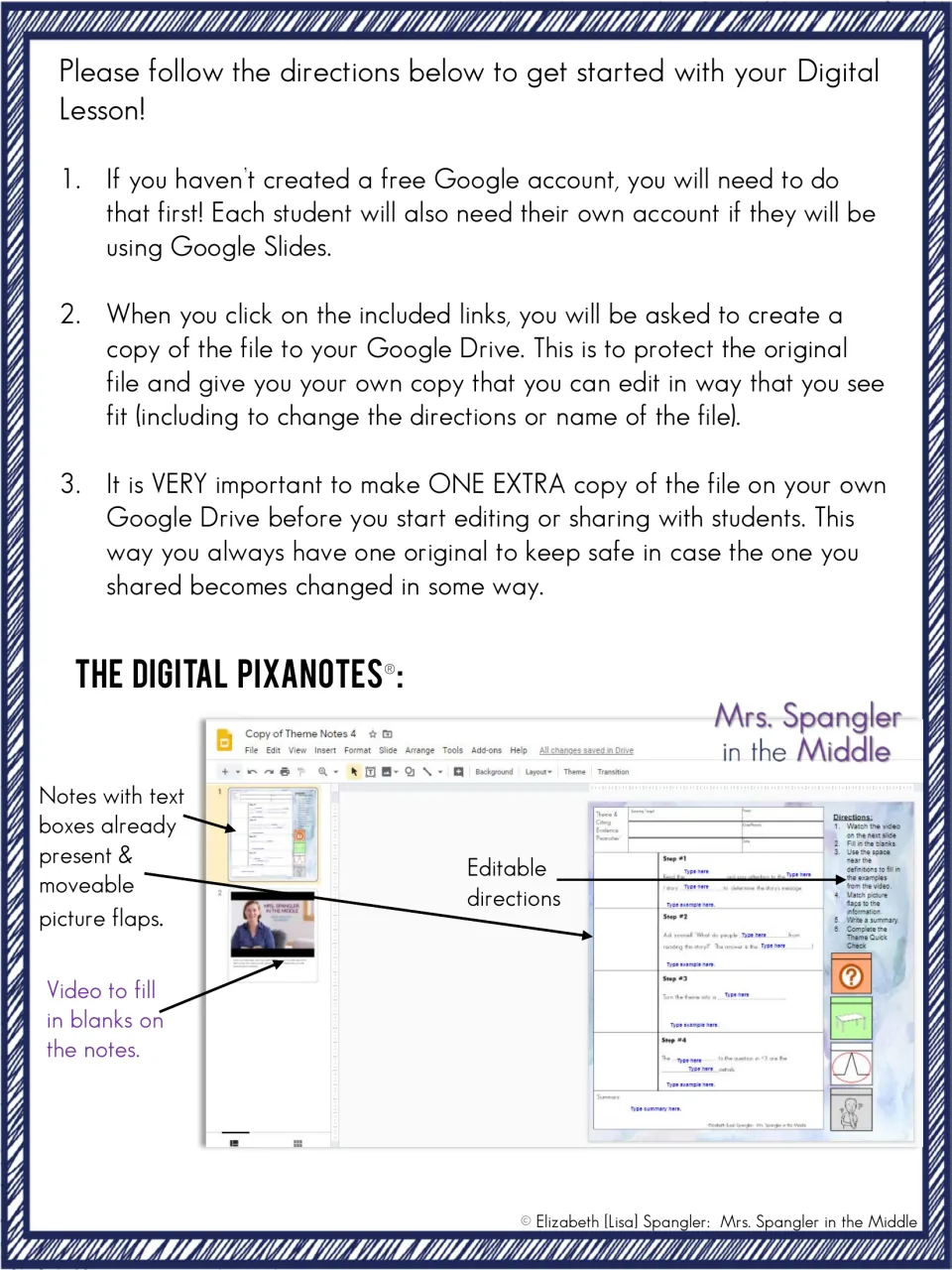 Digital lesson setup explains Google accounts, copying files, and using notes with movable picture flaps
