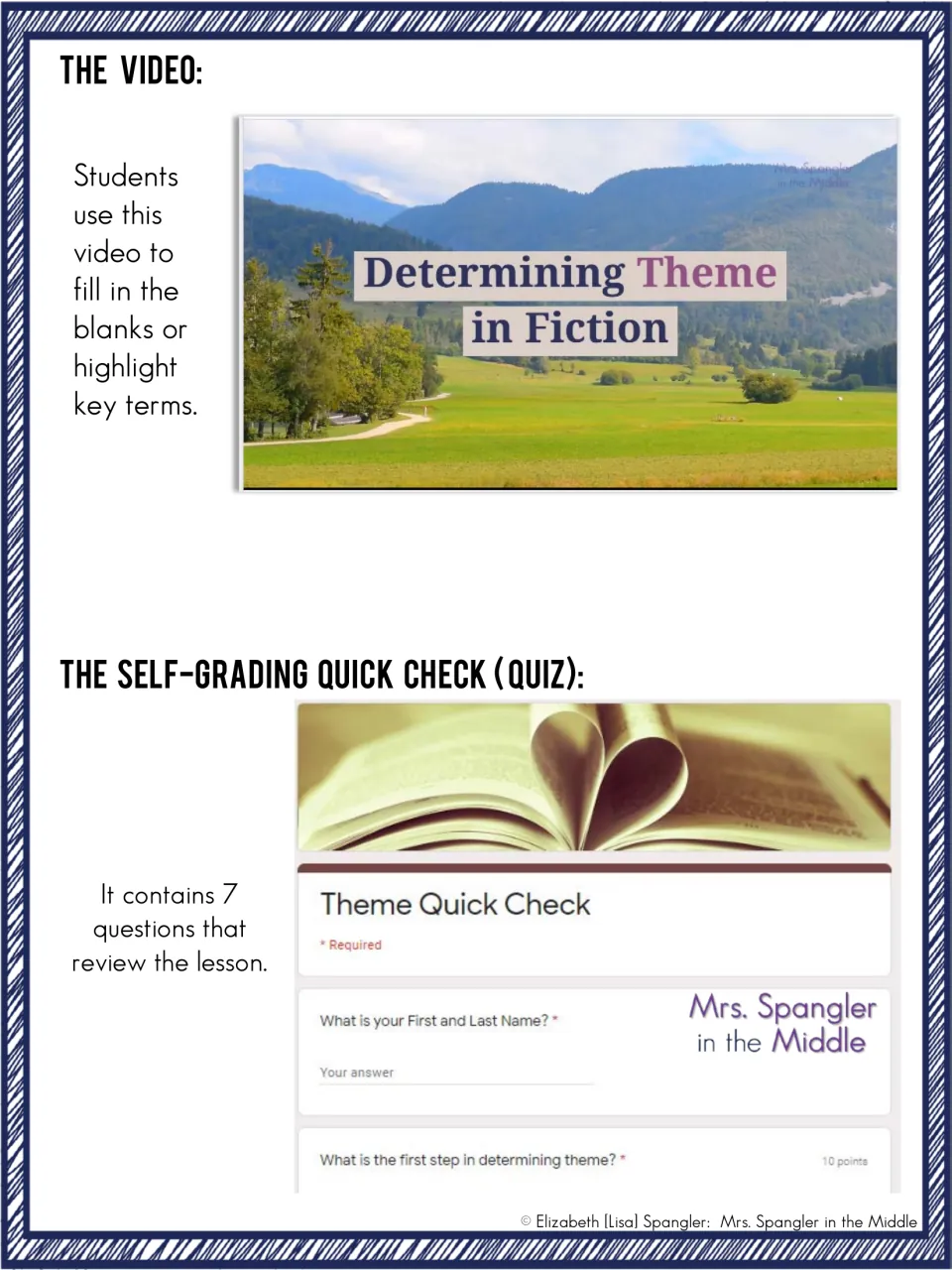 Teacher guide introduces the Determining Theme in Fiction video and seven-question self-grading Quick Check