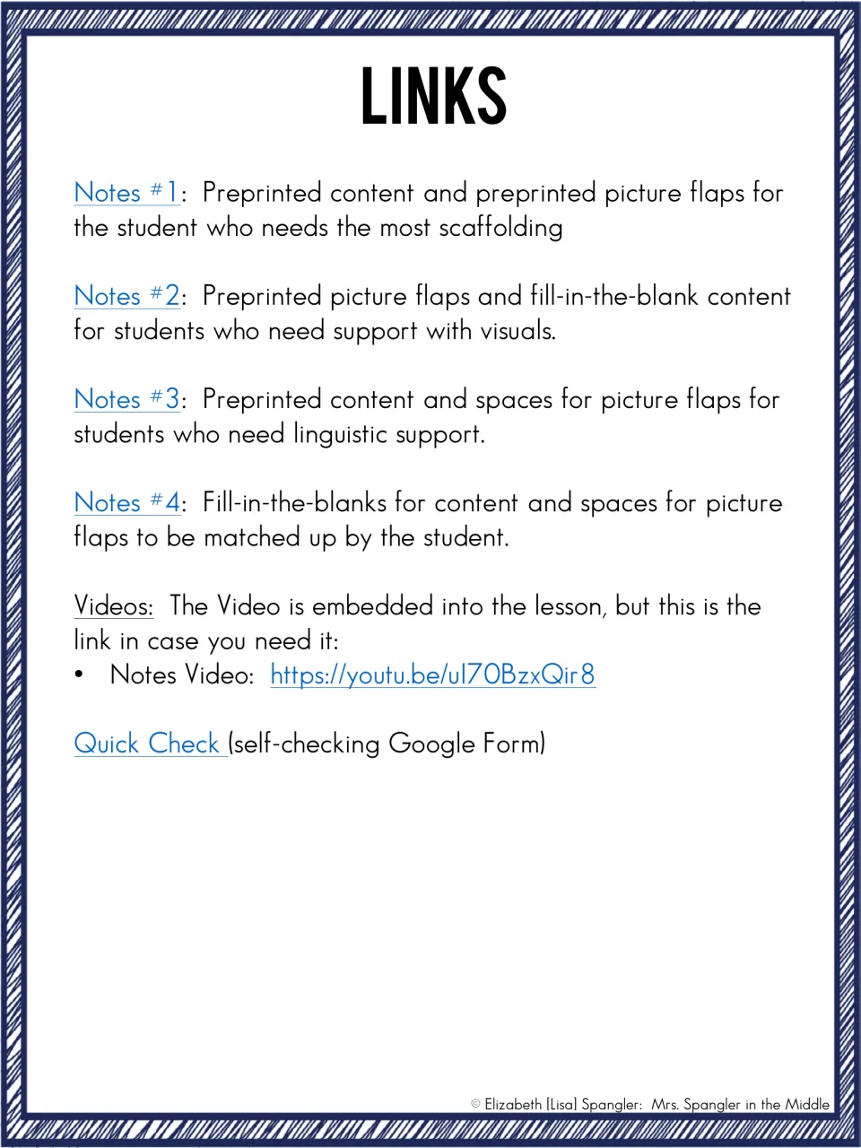 Lesson links provide access to four scaffolded note versions, the embedded notes video, and the Quick Check