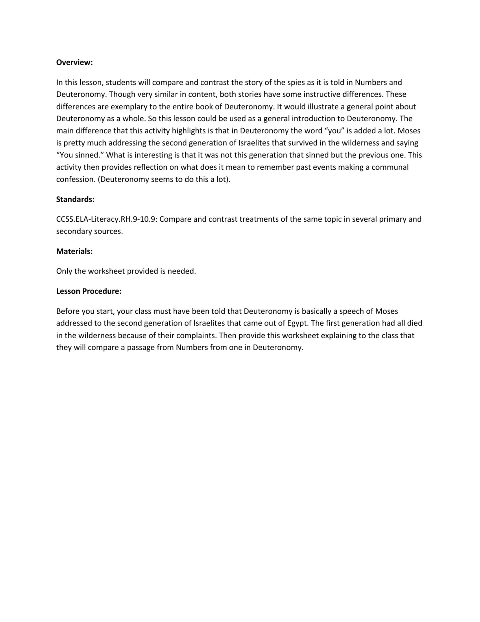 Teacher lesson plan: overview, comparison standard, materials, and procedure for studying the spies’ story