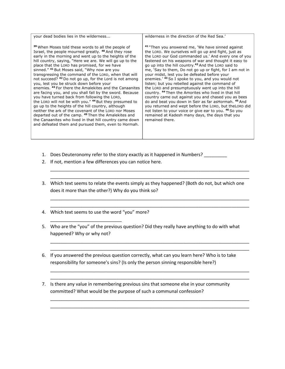 Student worksheet continues the excerpts, then asks seven questions about differences, “you,” and confession