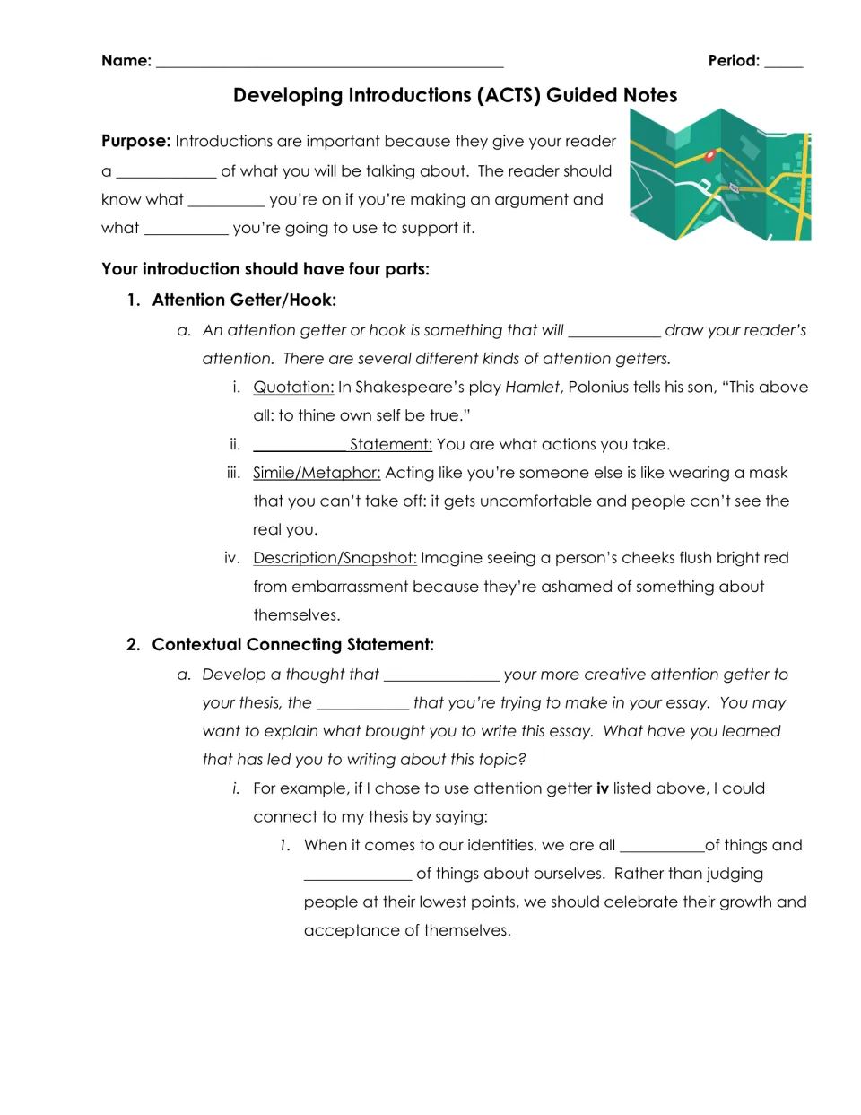 Essay introduction notes: students fill blanks on purpose, four hook types and the connecting statement to a thesis