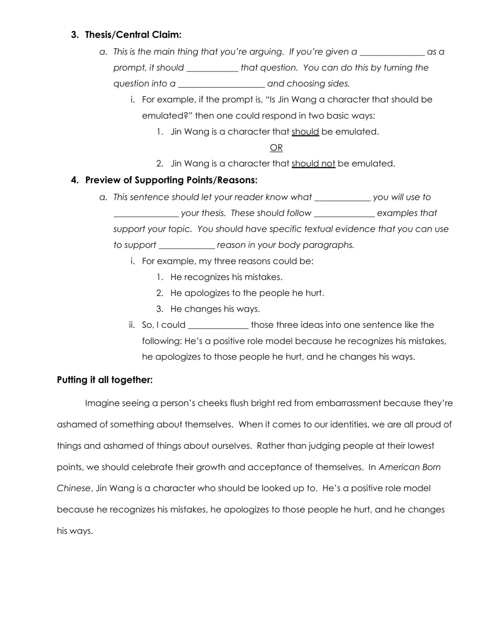 Thesis and preview of reasons: students fill blanks, then read a full model intro on Jin Wang from American Born Chinese