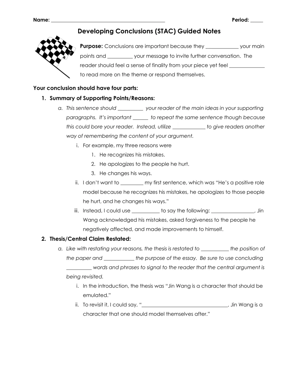 Essay conclusion (STAC) notes: students fill blanks on summarizing reasons without repeating them and restating the thesis