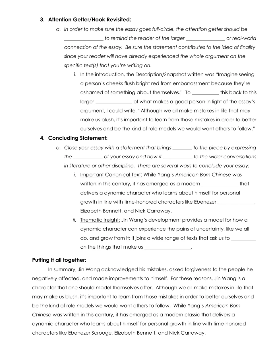 Revisiting the hook and concluding statement: students fill blanks, then read a model conclusion on American Born Chinese
