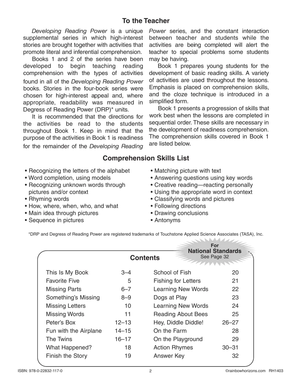 To the Teacher notes, a comprehension skills list from alphabet letters to antonyms, and contents for pages 3 to 32