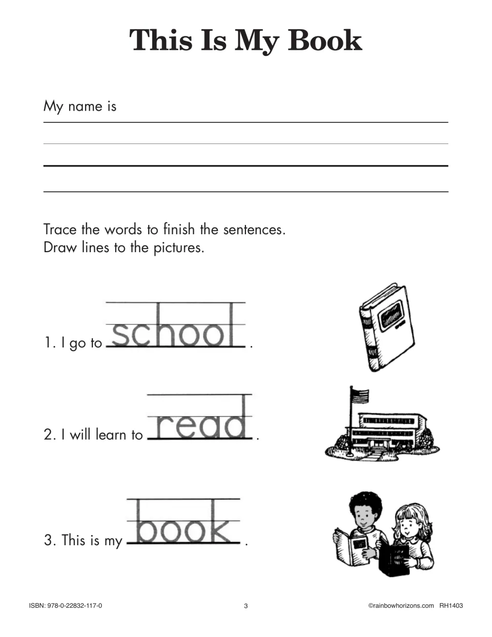This Is My Book: students write their name, trace school, read and book to finish sentences, and match each to a picture