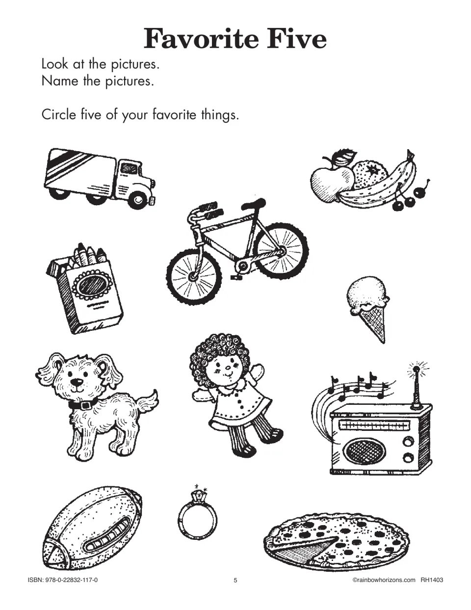 Favorite Five: students name pictured items such as a bike, dog, doll, pizza and radio, then circle five favorites