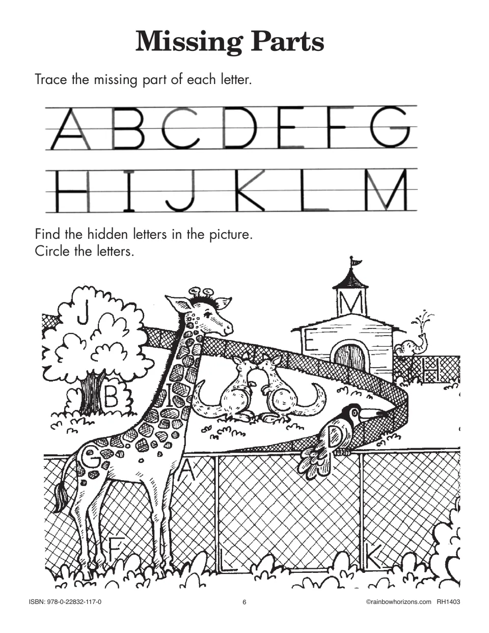 Missing Parts: students trace missing strokes of letters A to M, then circle letters hidden in a zoo scene with a giraffe