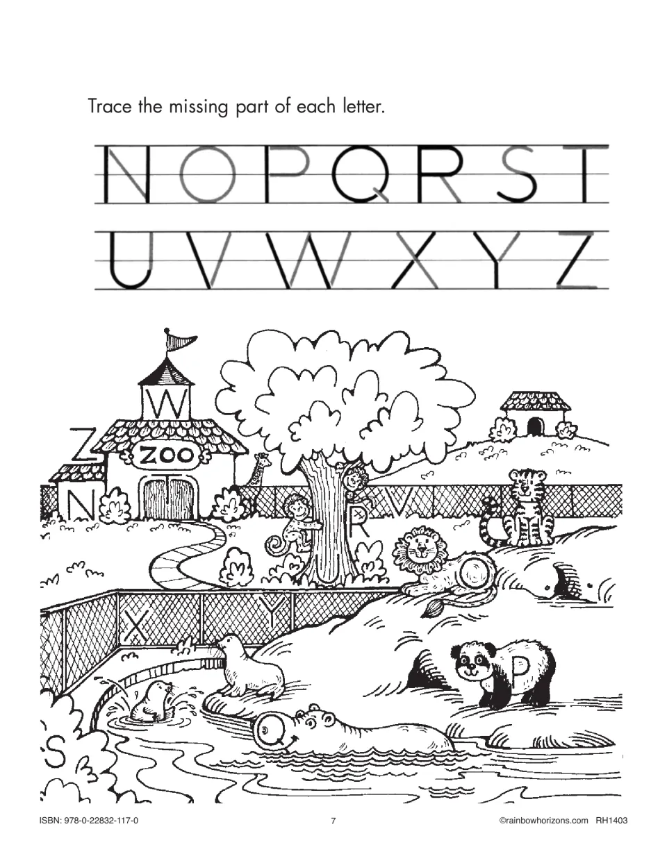 Letters N to Z: students trace the missing part of each letter and find letters hidden around a zoo with a hippo and panda