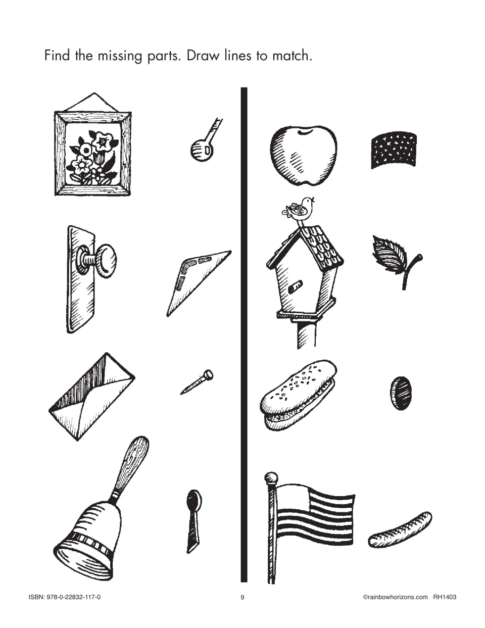 Part matching: students draw lines from objects like a doorknob, bell and flag to missing pieces like a clapper or stars