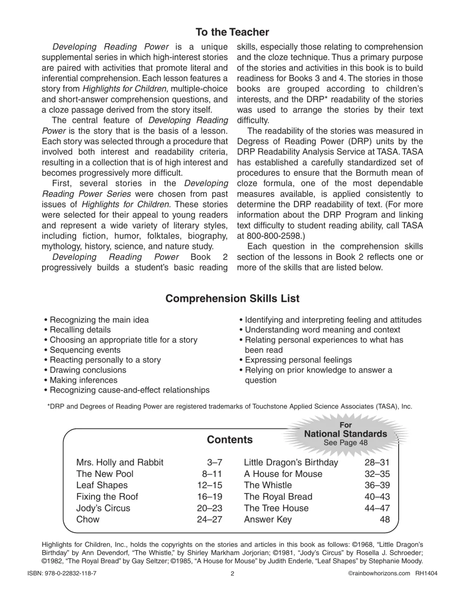 To the Teacher: series overview, a list of comprehension skills such as sequencing and inferences, and story contents
