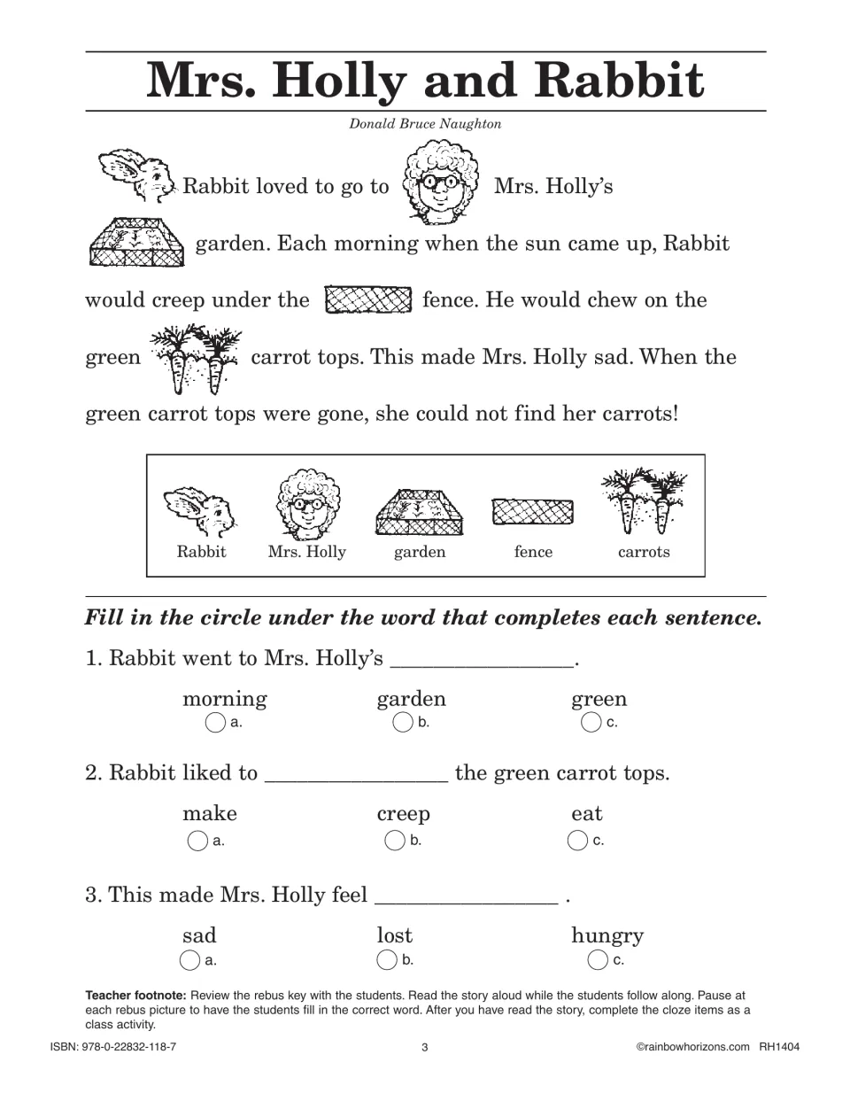 Mrs. Holly and Rabbit rebus story: students use the picture key, then fill in circles to complete three cloze sentences
