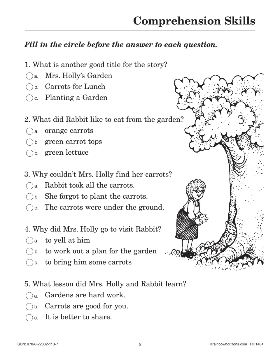 Comprehension questions on Mrs. Holly and Rabbit: five multiple-choice items on title, details, cause and lesson
