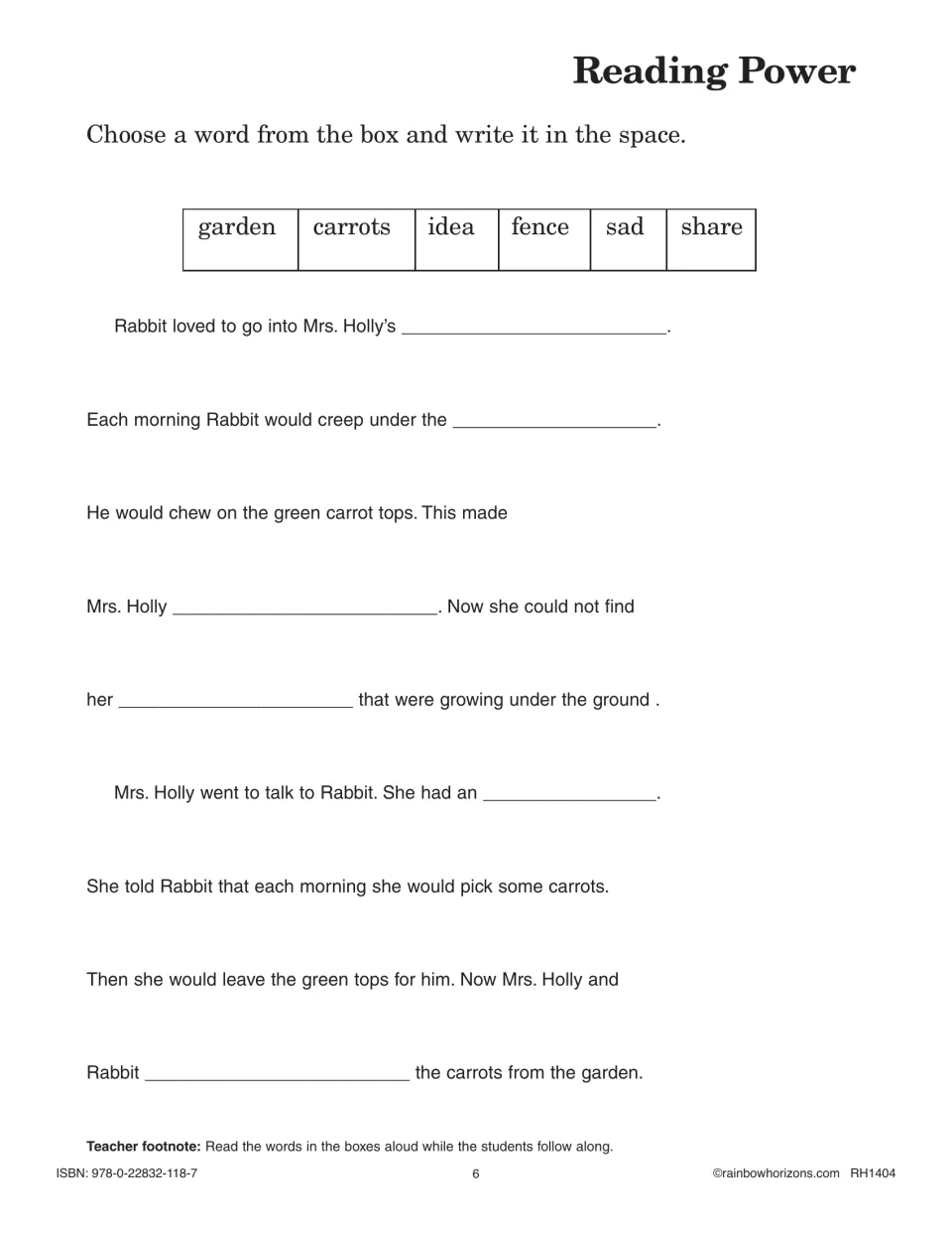 Reading Power cloze: students pick garden, carrots, idea, fence, sad or share to complete a retelling of the story