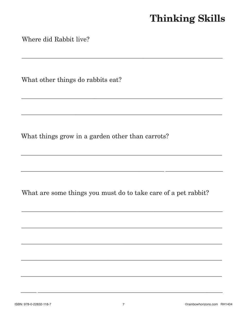 Thinking Skills: short written answers on where Rabbit lived, what rabbits eat, garden plants and pet rabbit care