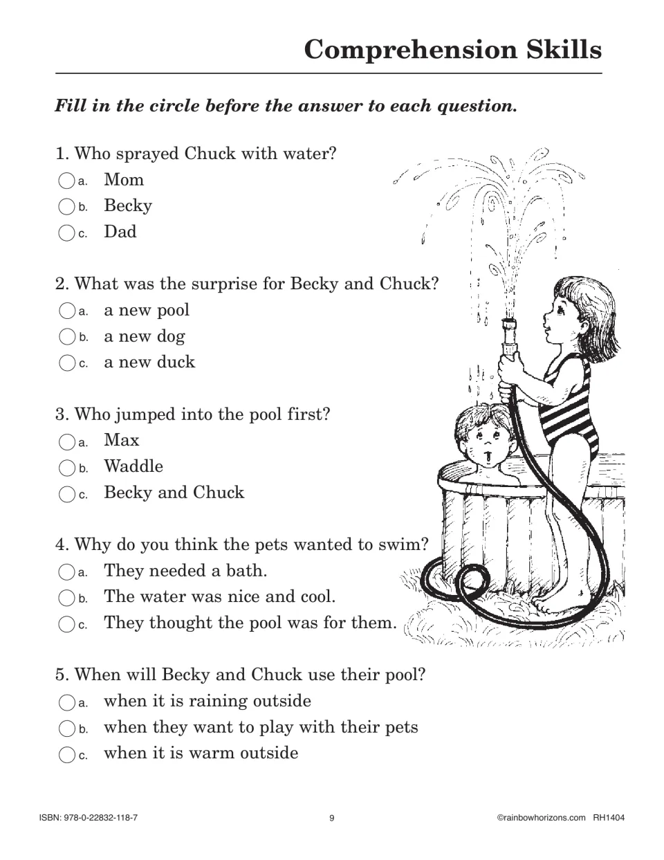 Comprehension questions on The New Pool: five multiple-choice items on who sprayed Chuck, the surprise and the pets