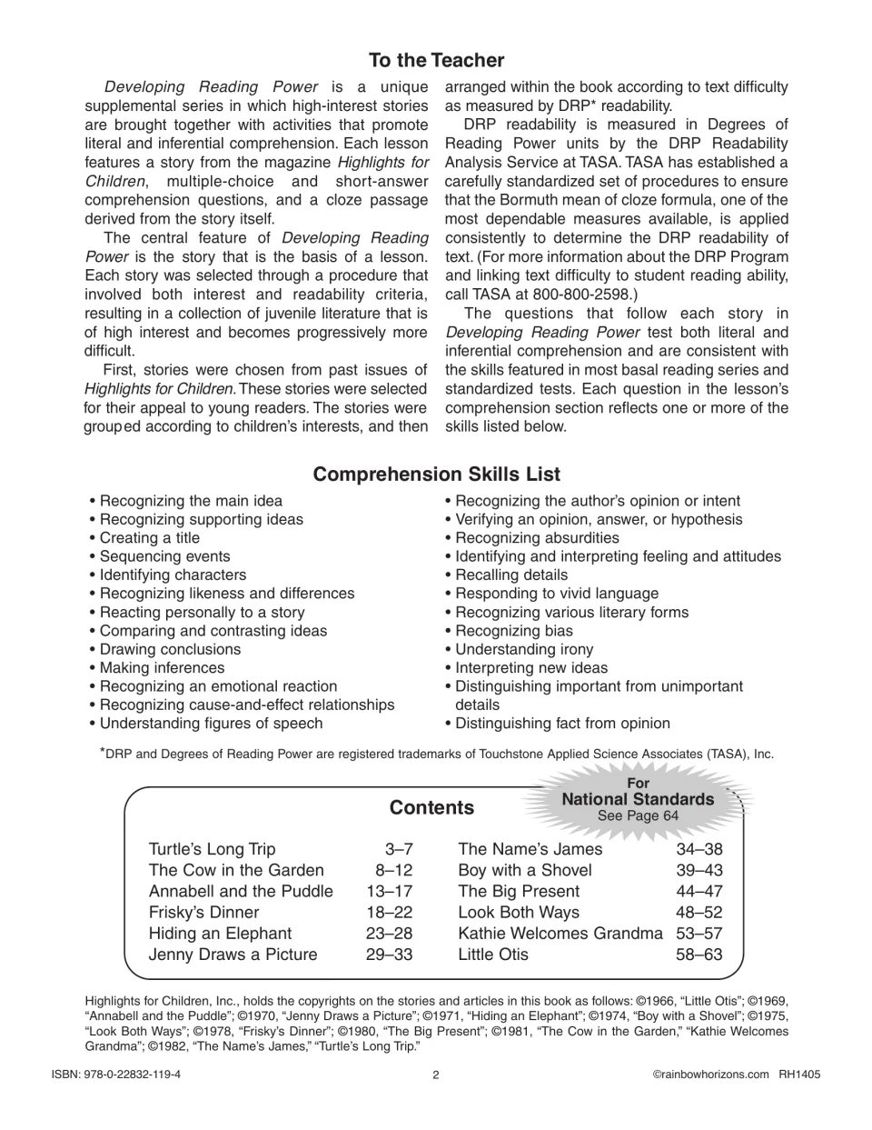 To the Teacher overview, comprehension skills list and contents for 12 Highlights stories with page ranges