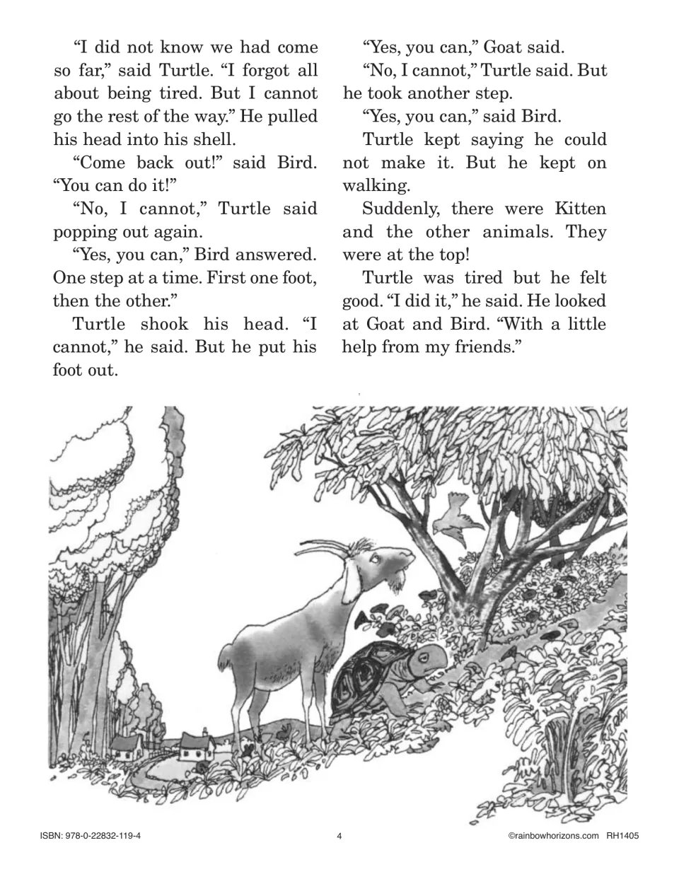 Turtle's Long Trip ending: Turtle reaches the top with his friends' help; drawing of Goat, Turtle and Bird on the hill