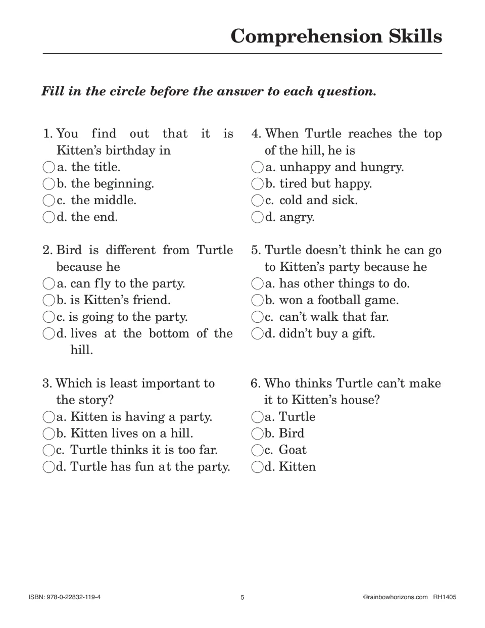 Comprehension Skills: six multiple-choice questions on Turtle's Long Trip about story details, feelings and characters