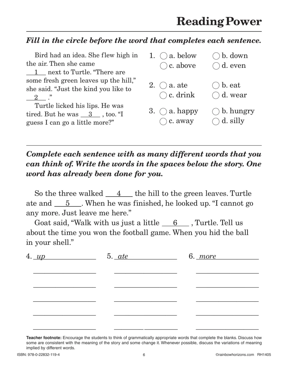 Reading Power cloze: students choose words to fill story blanks, then list other words that could complete 3 sentences