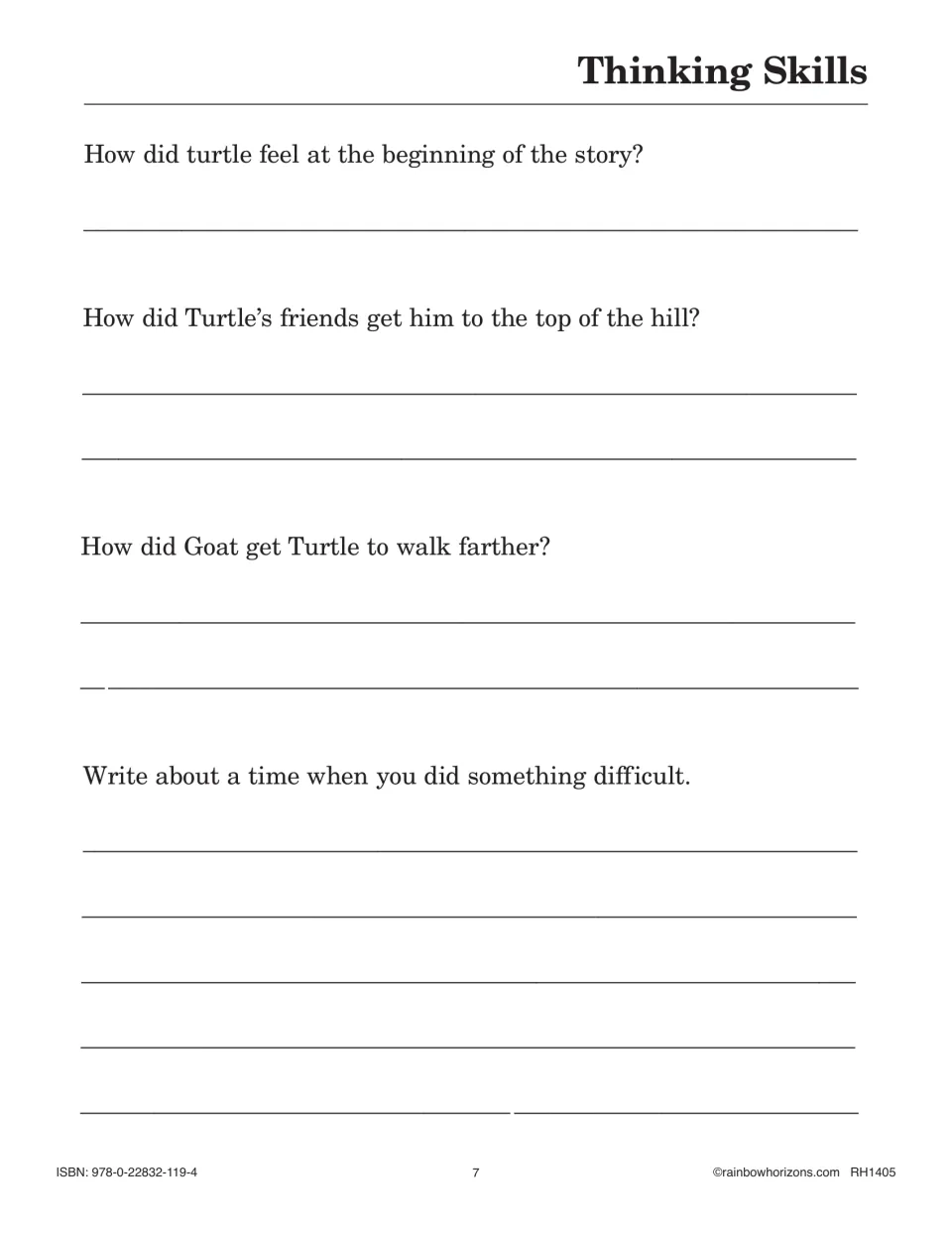 Thinking Skills: written responses on Turtle's feelings, how his friends helped, and a time students did something hard