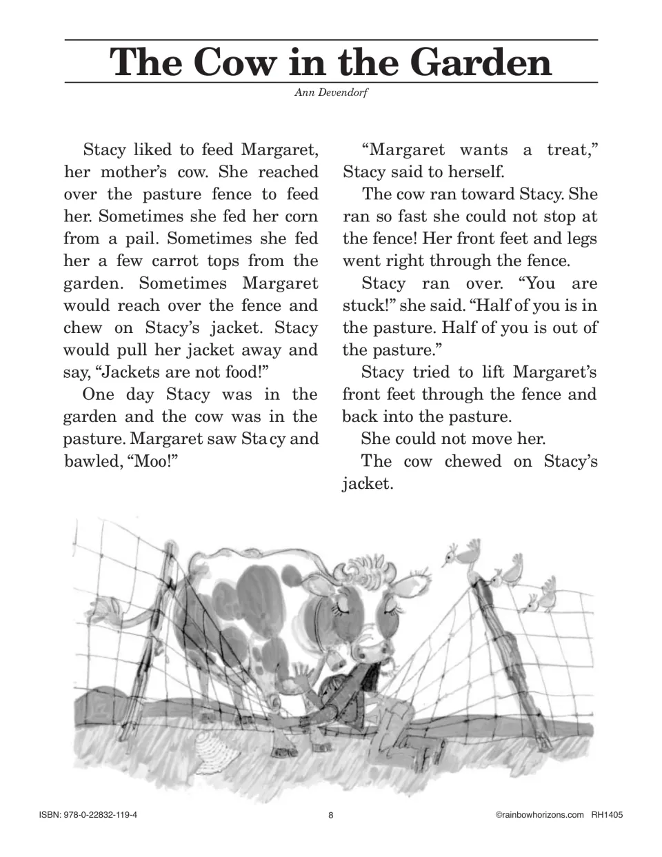 Story The Cow in the Garden: Stacy's cow Margaret gets stuck in the pasture fence; illustration of cow and girl