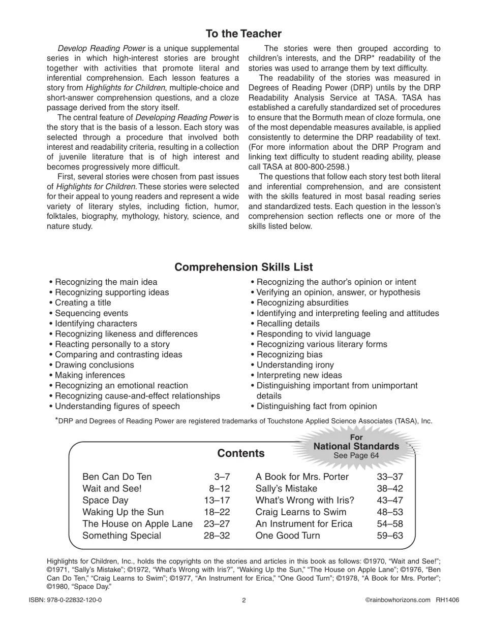 Teacher introduction explaining lesson format, a list of 26 comprehension skills and contents listing 12 stories