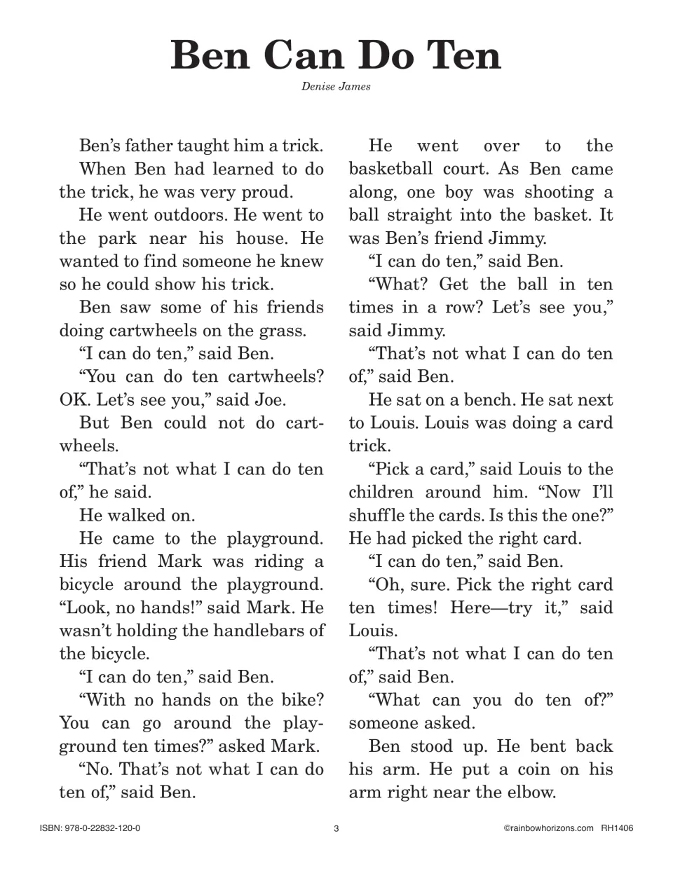 Story passage Ben Can Do Ten, part 1: Ben tells friends at the park he can do ten, but not cartwheels or card tricks