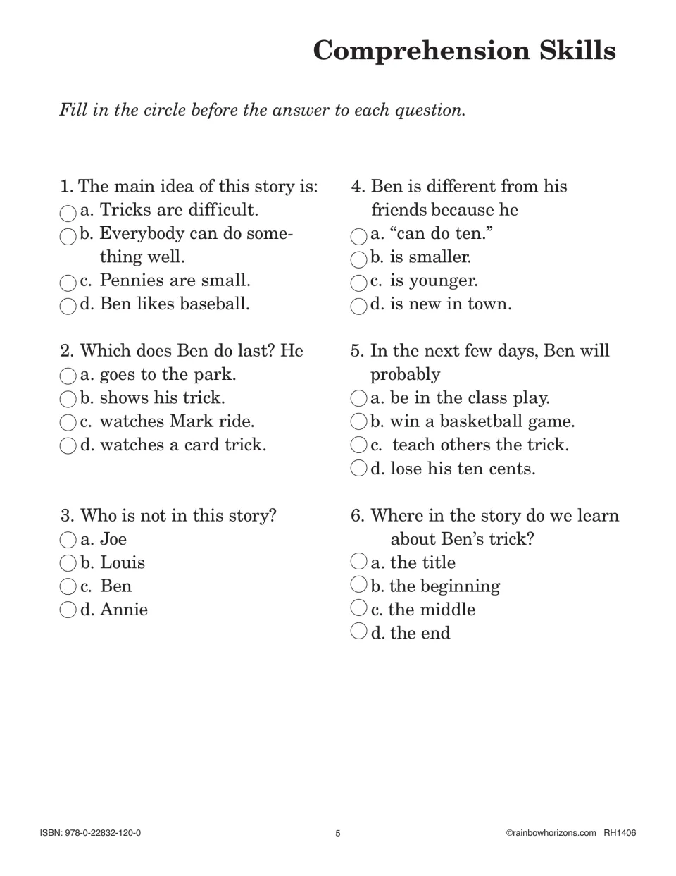 Ben Can Do Ten comprehension quiz: six multiple-choice questions on main idea, sequencing, characters and predicting
