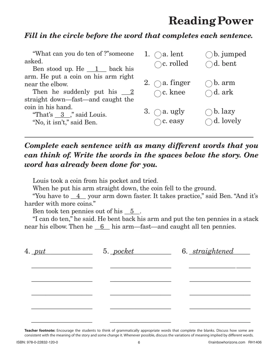 Reading Power cloze: students choose the missing word in three story blanks, then brainstorm other words for three more