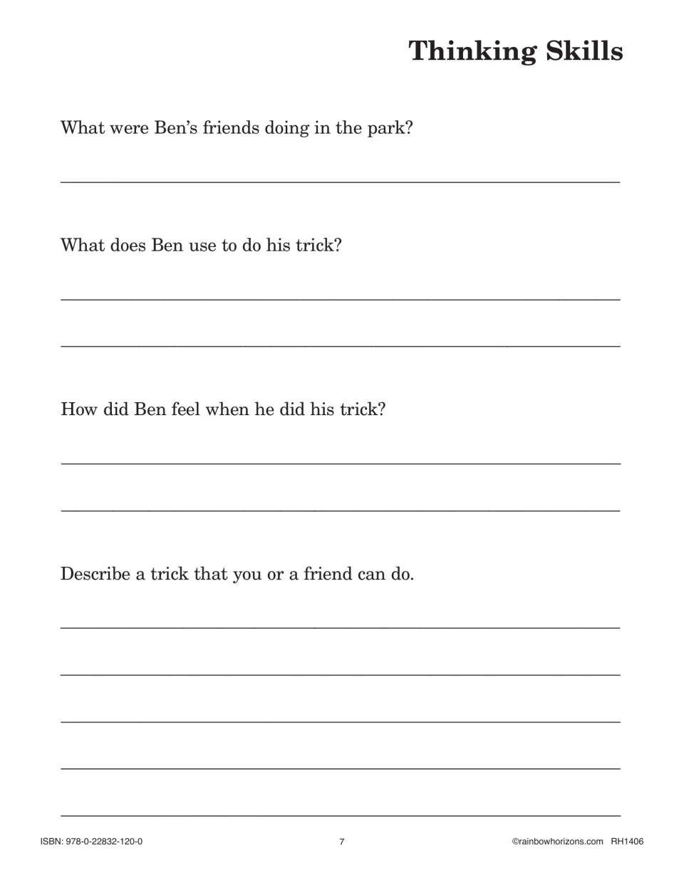 Thinking Skills: students write short answers on Ben's friends, his trick and feelings, then describe a trick they can do