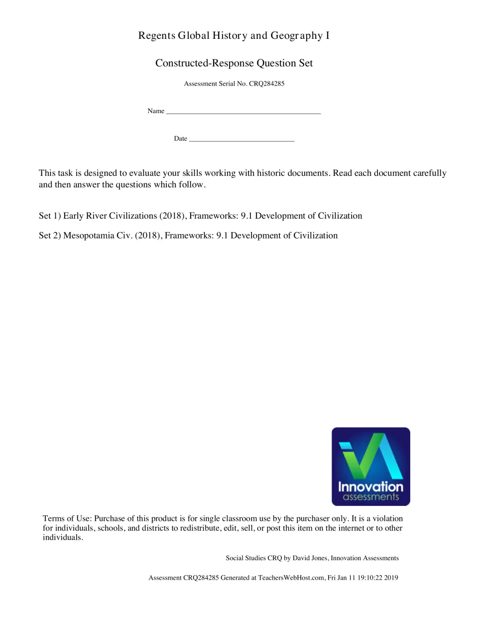 Assessment cover for two constructed-response sets on early river civilizations and Mesopotamia